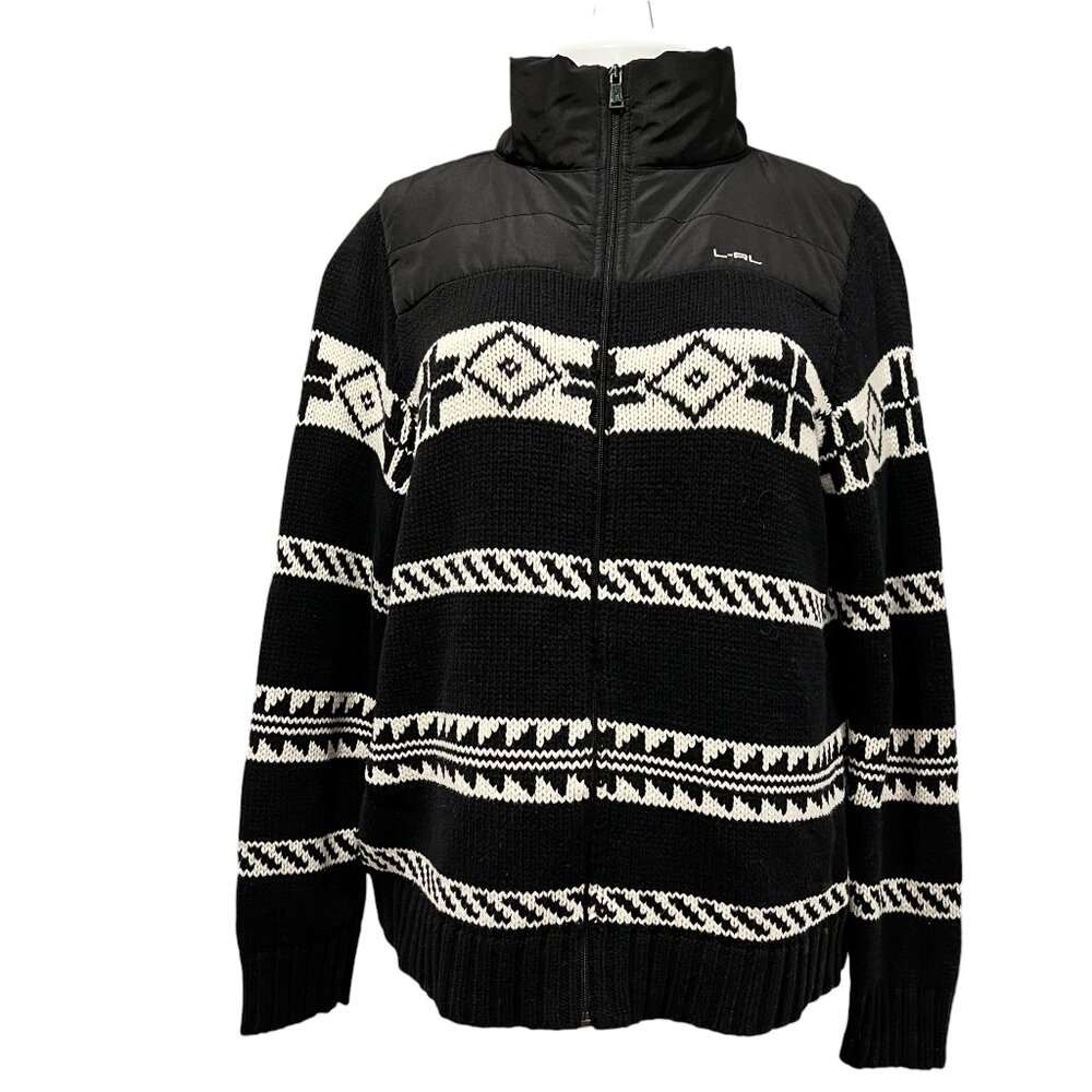 Lauren Ralph Lauren Southwest Full Zip Sweater Cardigan, Black Ivory, XL